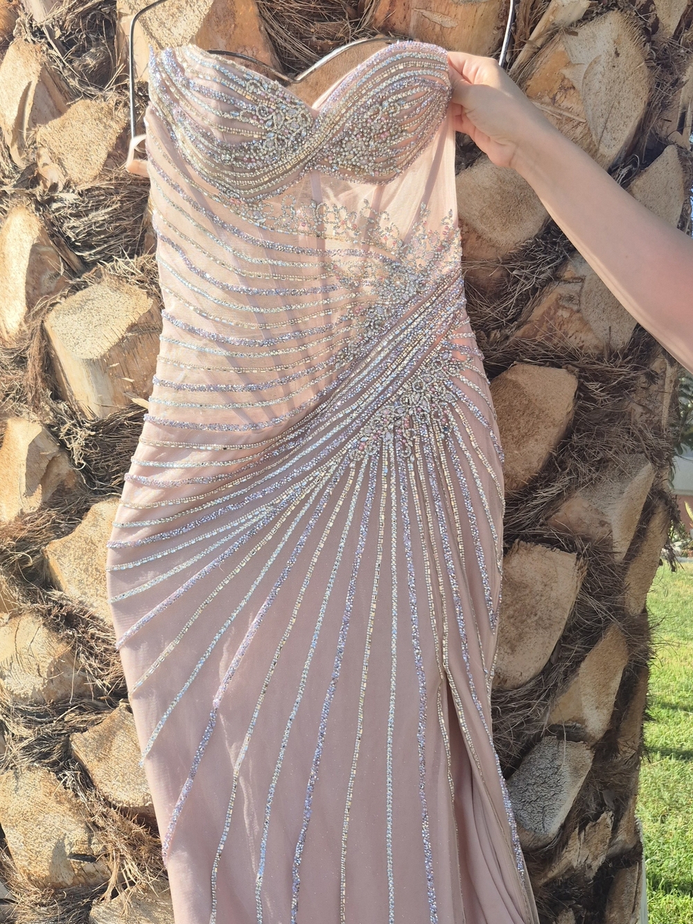 Strapless Blush Pink Evening Gown with Silver Beaded Detail